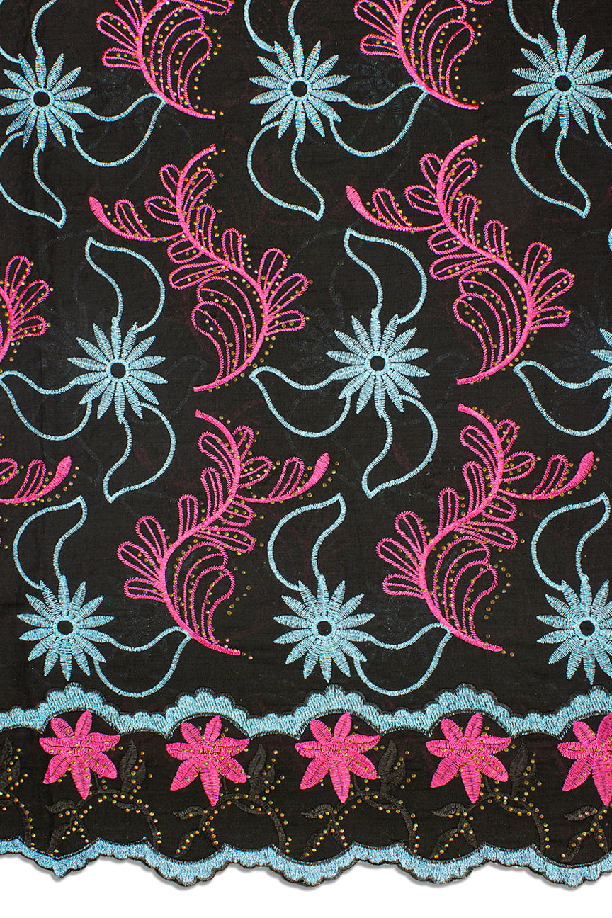 IRE638-BLK - Voile Lace - Black, Turquoise Blue & Fuchsia