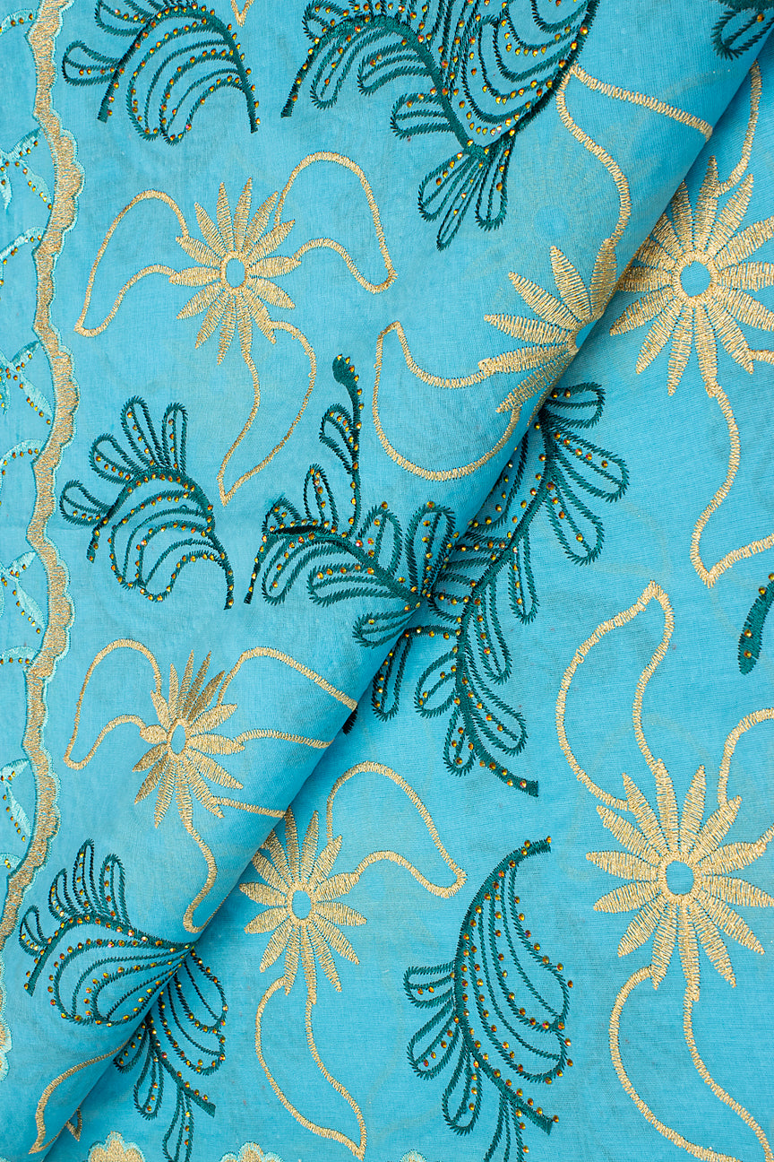 IRE638-TQB - Voile Lace - Turquoise Blue, Teal & Light Gold