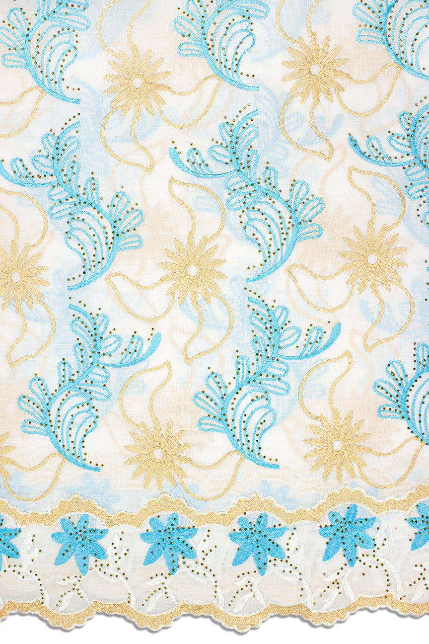 IRE638-WTQ - Voile Lace - White, Turquoise Blue & Light Gold