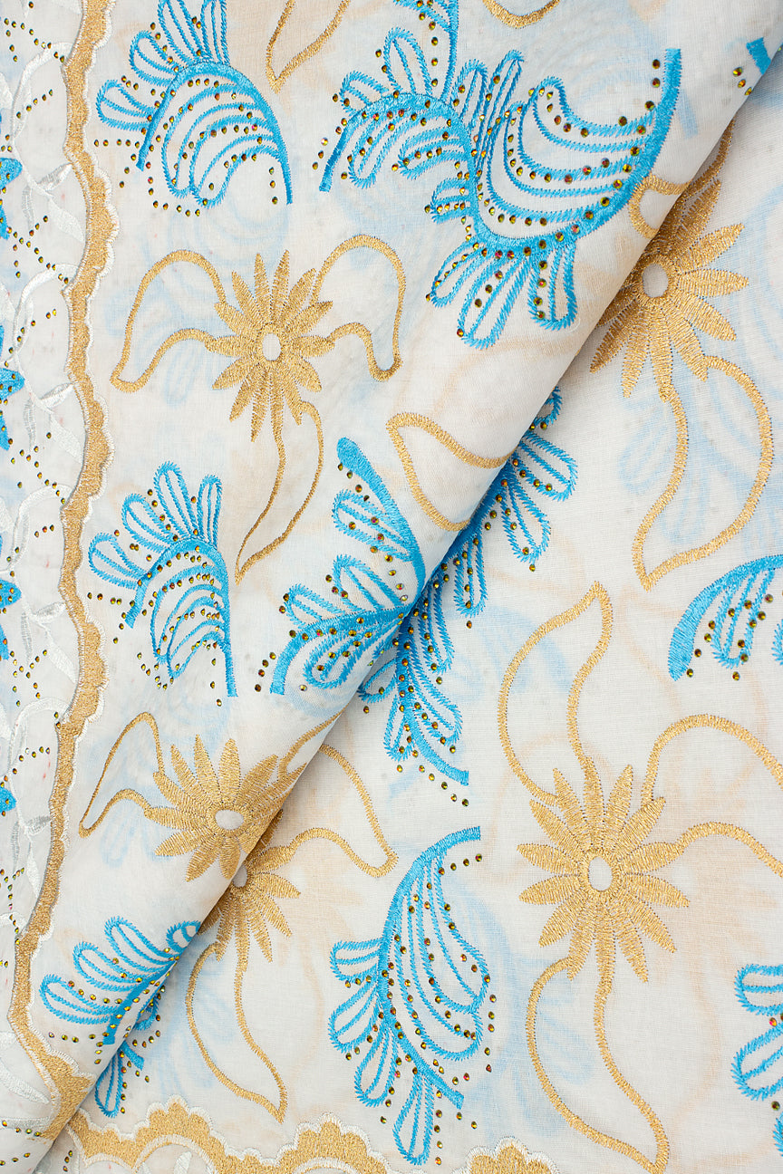 IRE638-WTQ - Voile Lace - White, Turquoise Blue & Light Gold