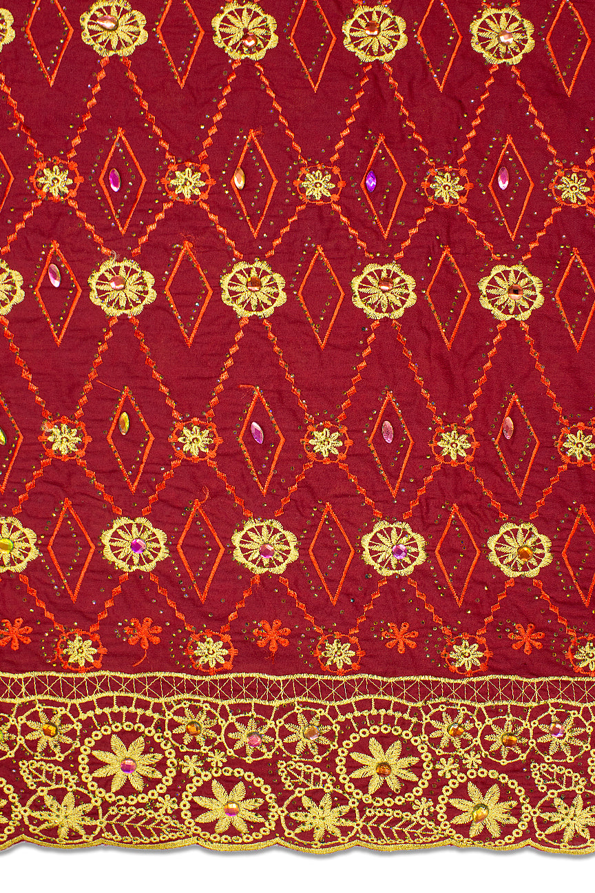 IRE644-WIN - Voile Lace with Big Stones - Wine & Gold