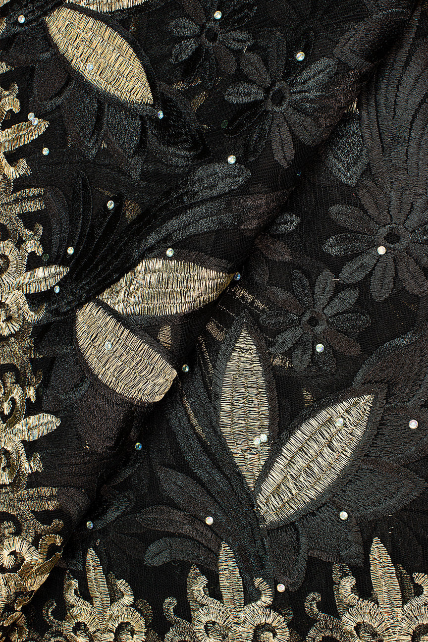 LFR235-BLK - Big French Lace with Guipure Border - Black & Gold