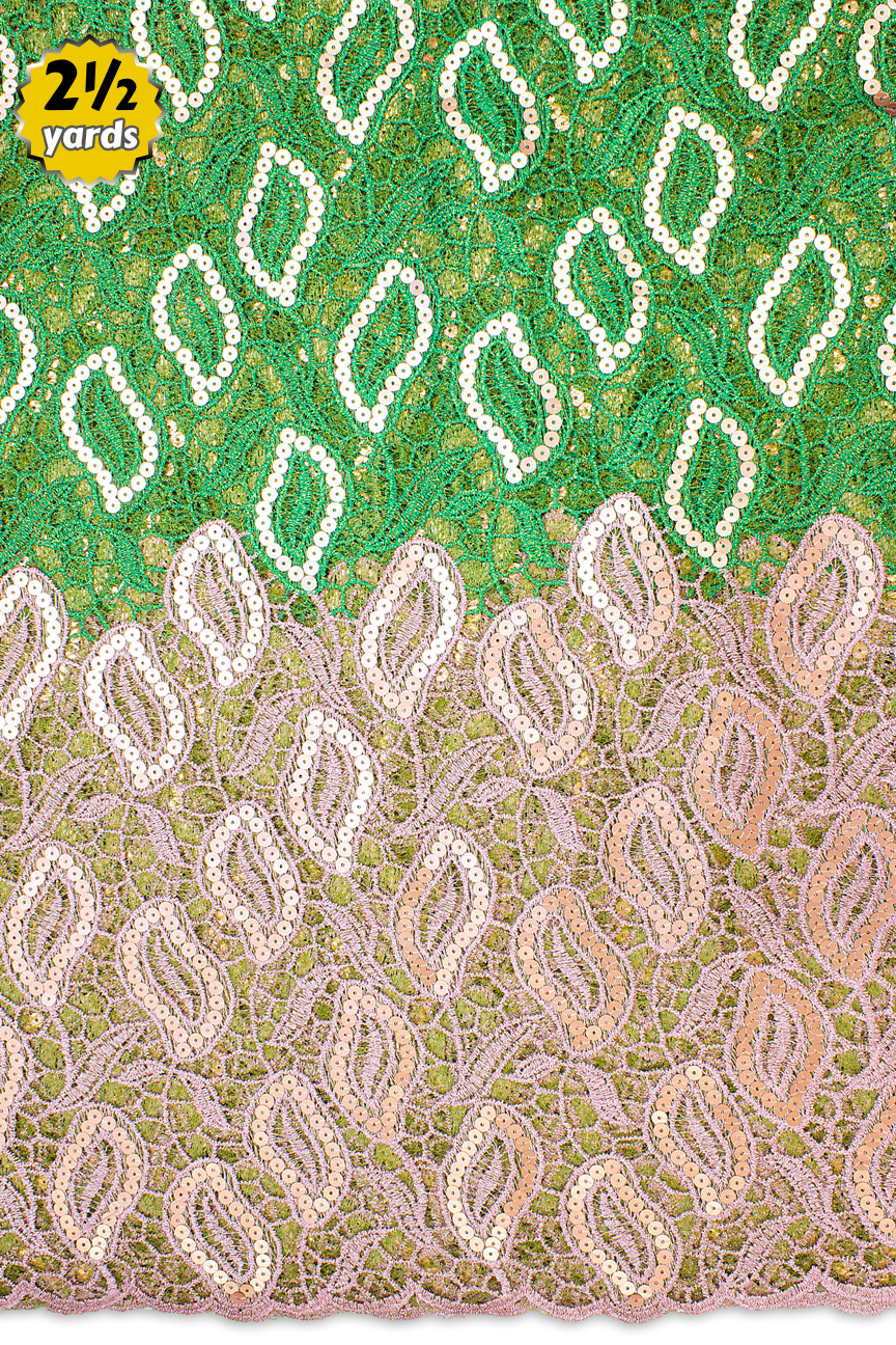 RMT409-GNP - Sequined Guipure Lace - Leaf Green & Pink (2½ yards)