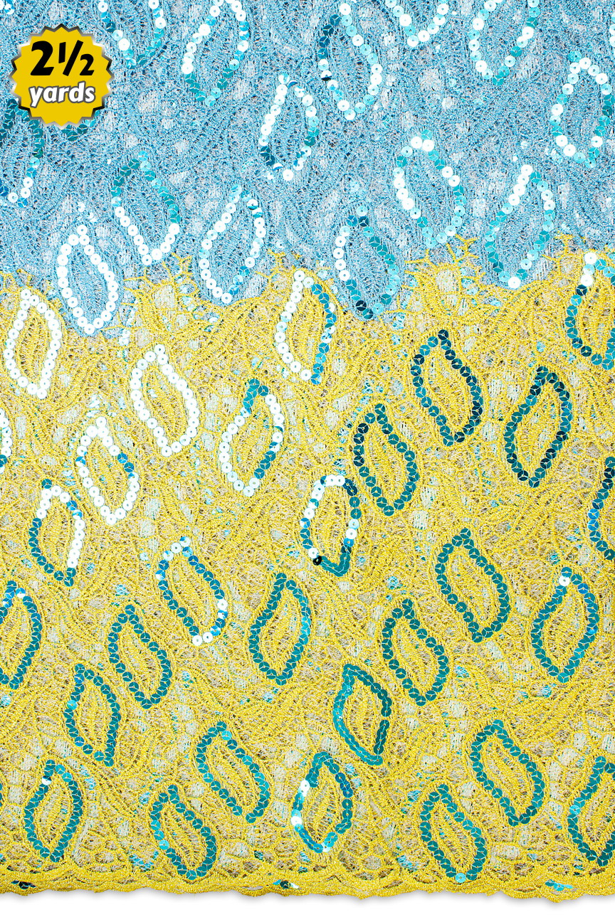 RMT409-TQY - Sequined Guipure Lace - Turquoise Blue & Yellow (2½ yards)