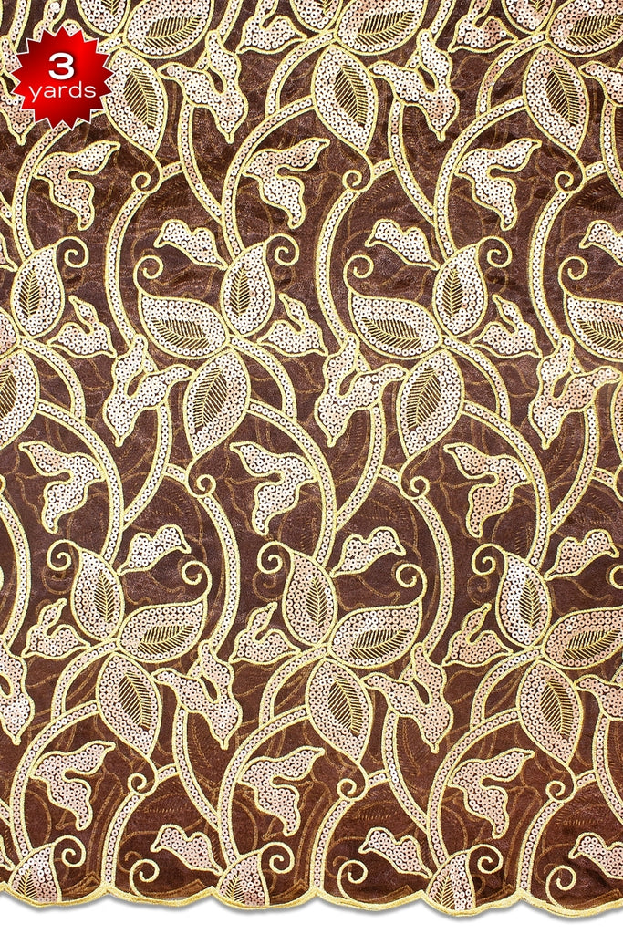 RMT448 - Double Organza Sequined Lace - Chocolate Brown & Gold (3 yards)