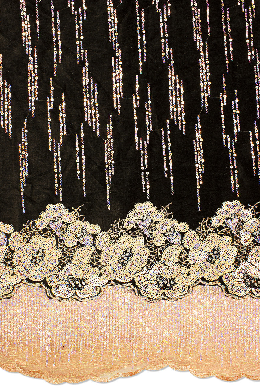 SQL062-BPK - Sequined Velvet Lace, Net Border on One Side - Black & Pink