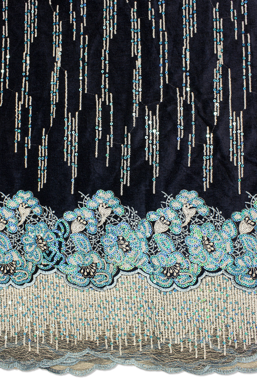 SQL062-NVB - Sequined Velvet Lace, Net Border on One Side - Navy & Turquoise