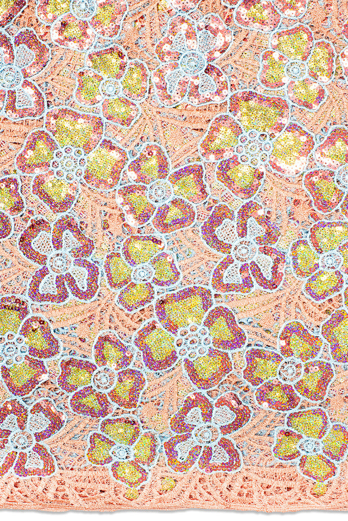 GPR090-PEA - Sequined Guipure Lace - Peach, Gold & Pink